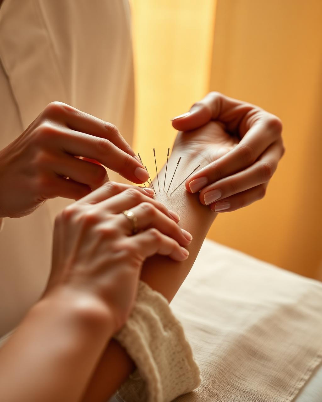 Manos colocando agujas de acupuntura